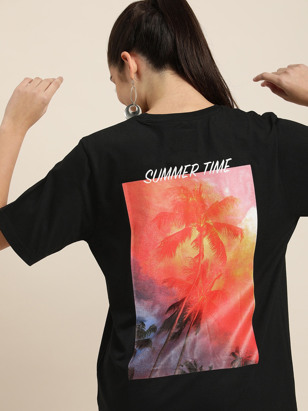 

DILLINGER Women Black & Orange Pure Cotton Tropical Drop-Shoulder Sleeves Loose T-shirt