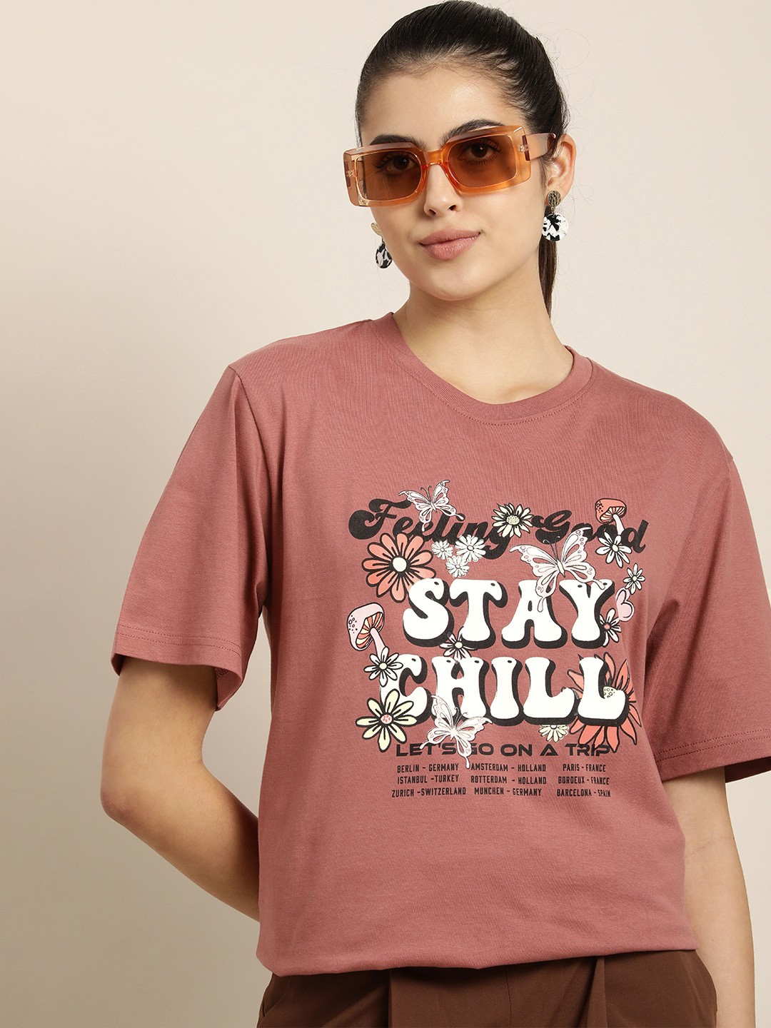

DILLINGER Women Dusty Pink & White Typography Pure Cotton Drop-Shoulder OversizedT-shirt
