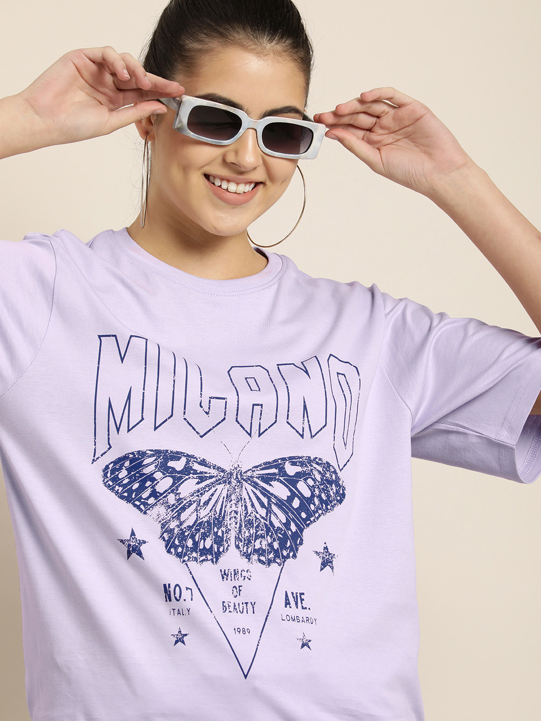 

DILLINGER Women Lavender & Navy Blue Typography Cotton Drop-Shoulder Sleeves OversizedT-shirt