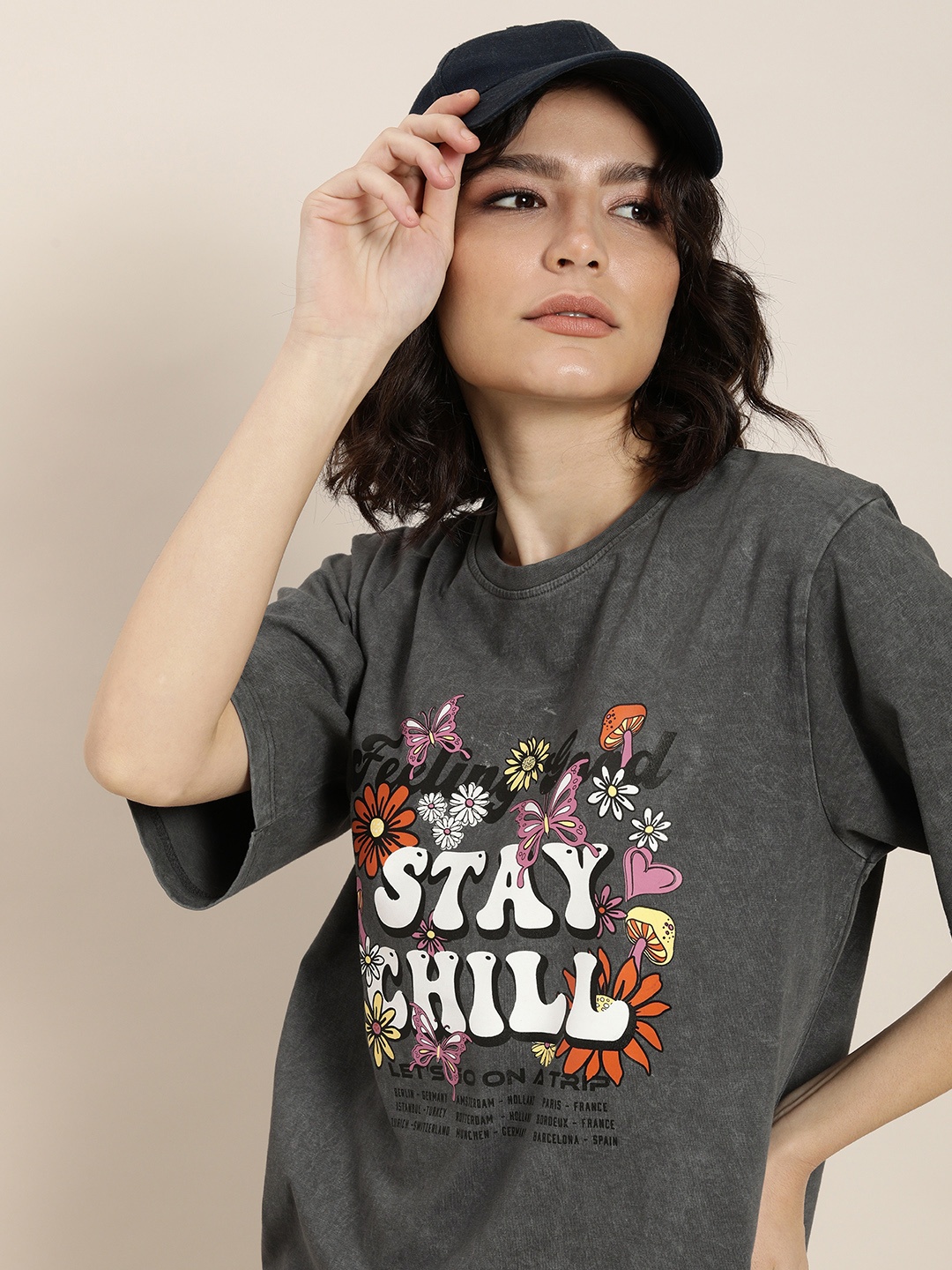 

DILLINGER Women Charcoal Grey & White Pure Cotton Printed OversizedT-shirt