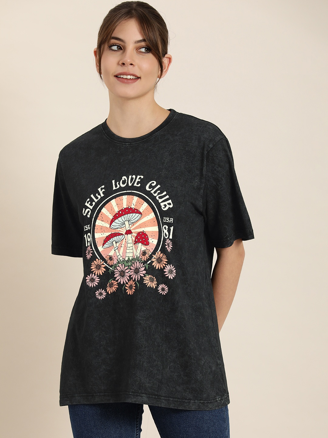 

DILLINGER Black & Peach Dyed & Floral Print Oversized Cotton Longline T-shirt
