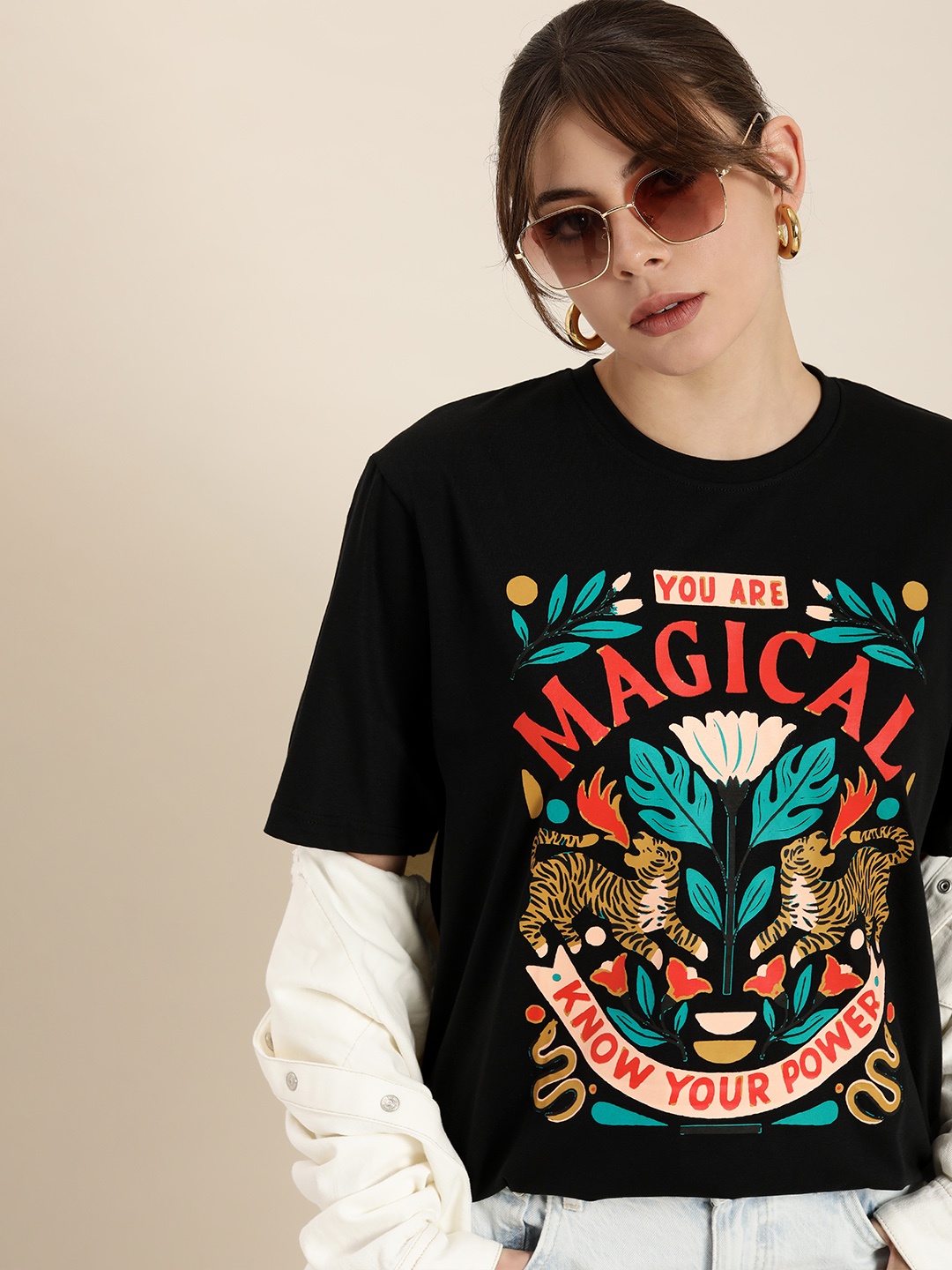 

DILLINGER Women Black & Red Typography Cotton Drop-Shoulder Sleeves Oversized T-shirt