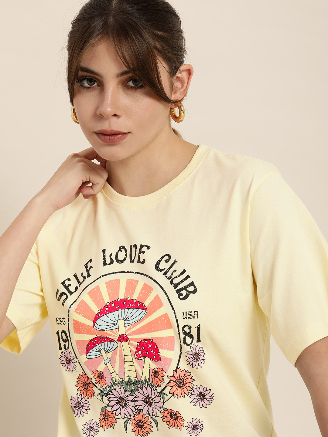 

DILLINGER Women Yellow & Peach Printed Cotton Oversized Longline T-shirt