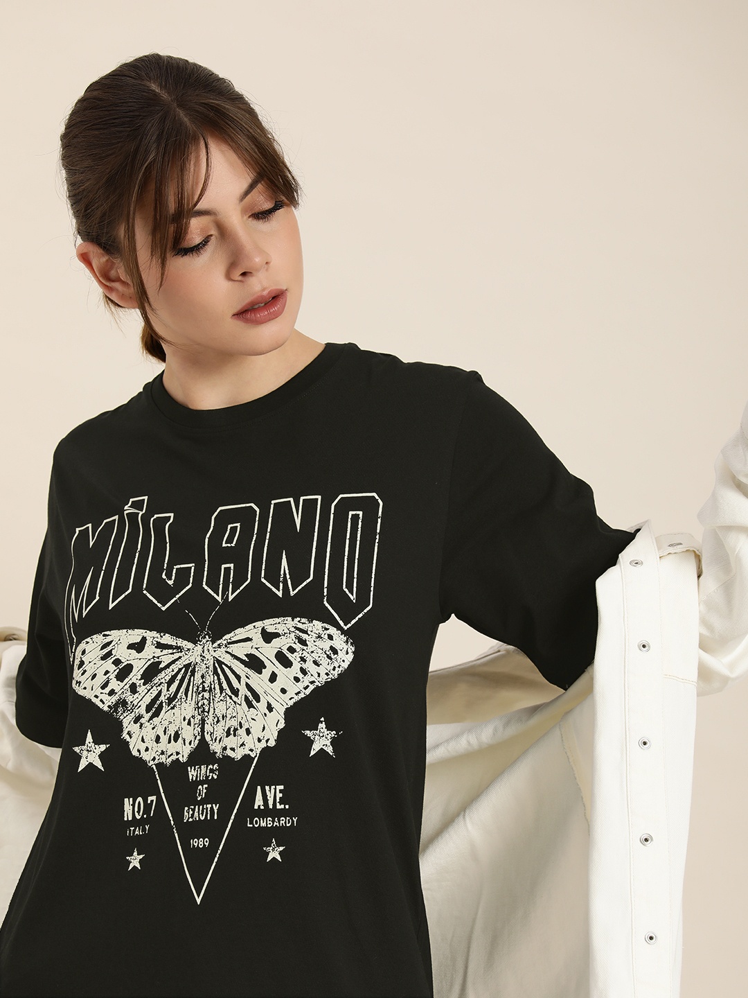 

DILLINGER Women Black & White Graphic Printed Oversized Cotton Longline T-shirt