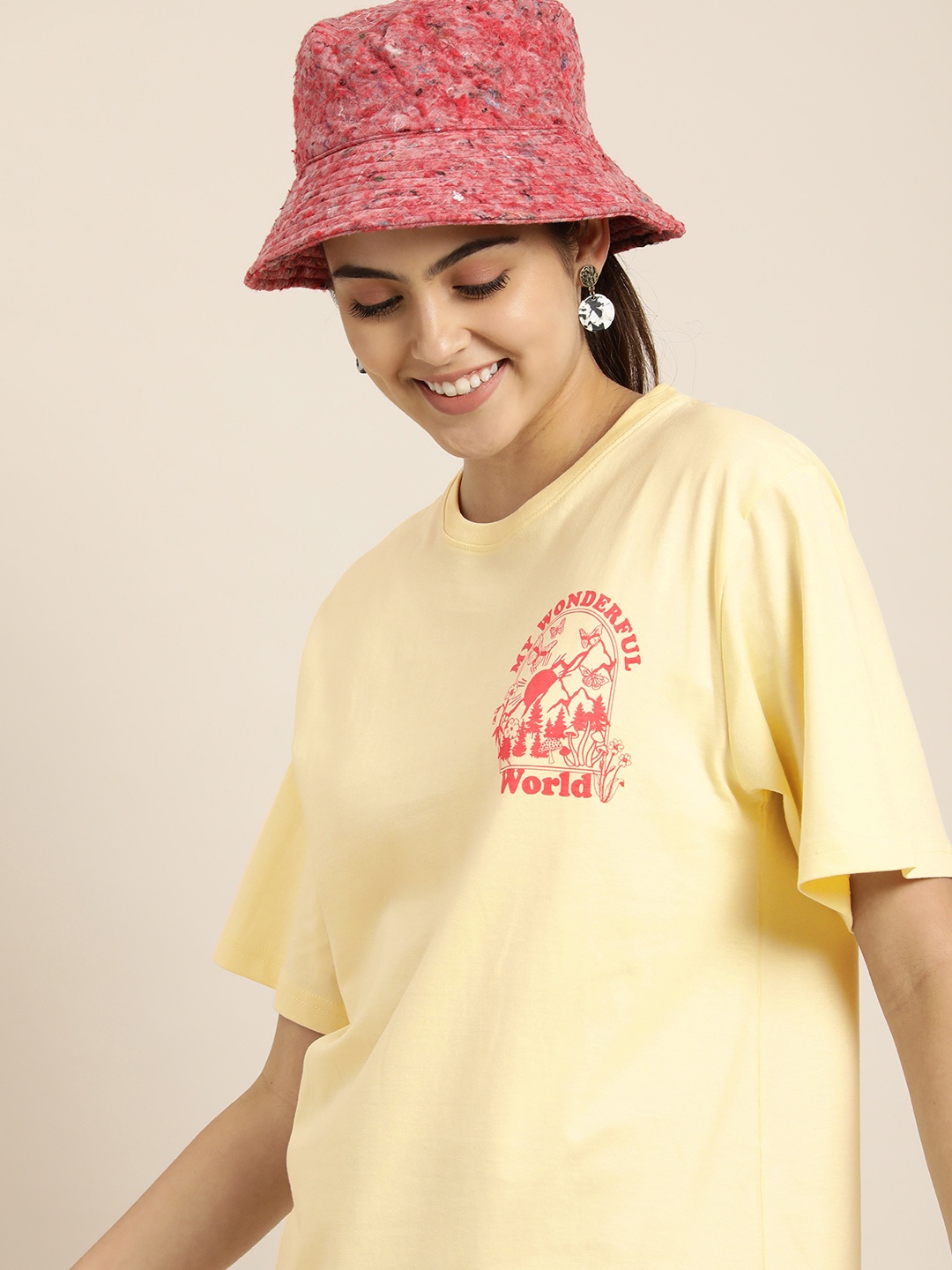 

DILLINGER Women Yellow Printed Pure Cotton OversizedGraphic Oversized T-Shirt