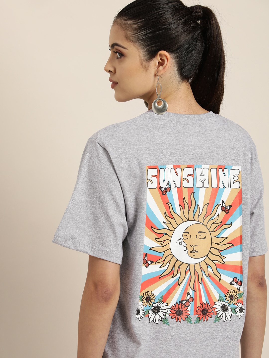 

DILLINGER Women Grey Melange Printed Pure Cotton OversizedGraphic Oversized T-Shirt