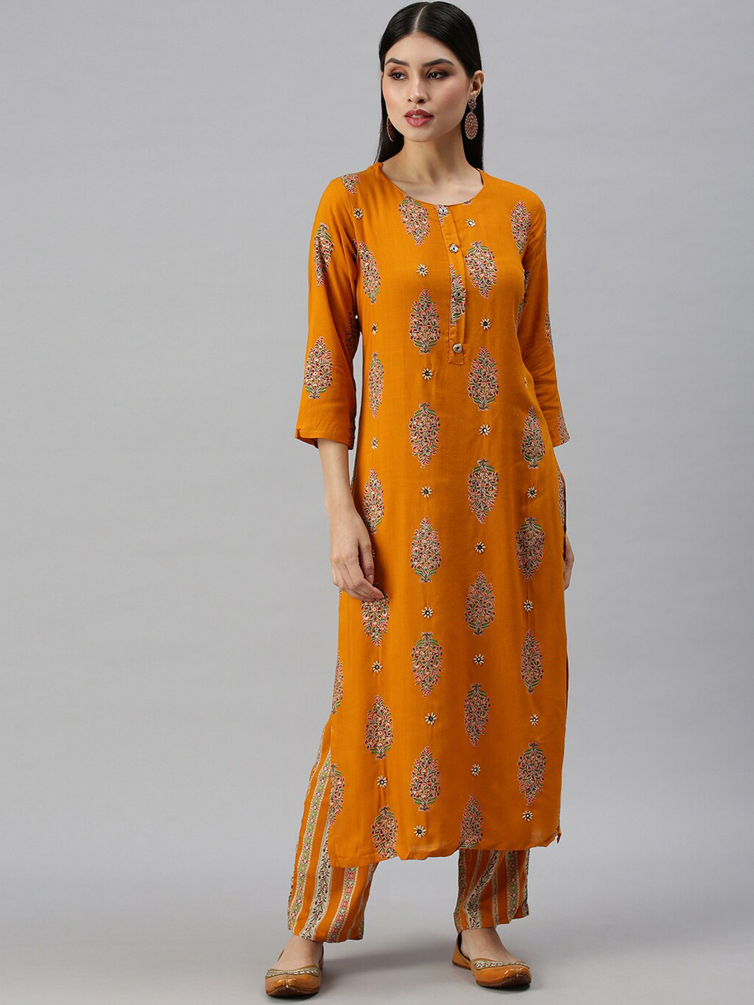 

SHOWOFF Women Mustard Yellow Floral Printed Kurta with Trousers