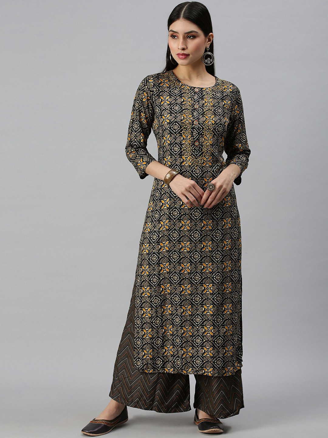 

SHOWOFF Women Brown Ethnic Motifs Printed Sequinned Kurta with Palazzos