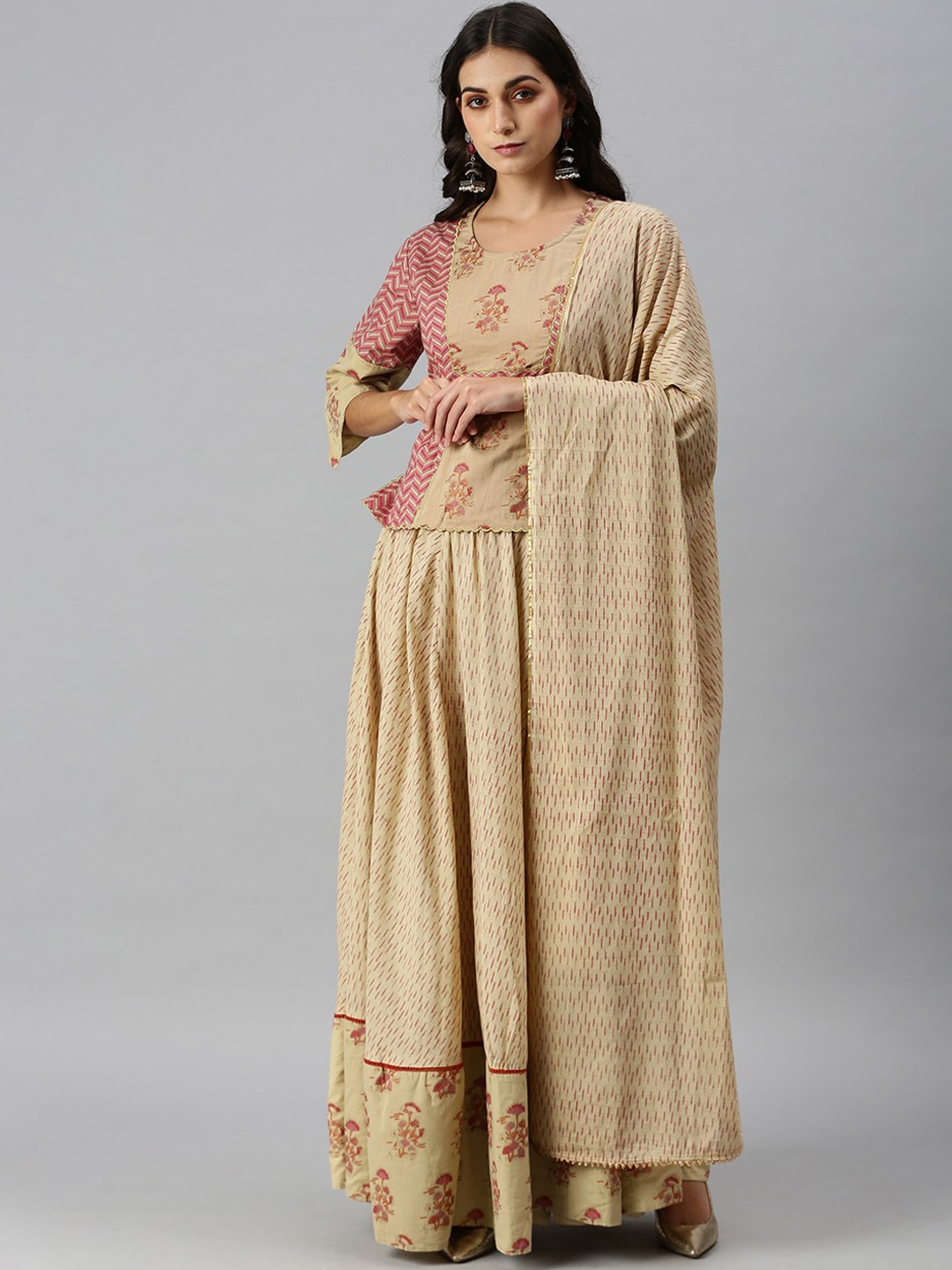 

SHOWOFF Women Beige Pleated Top with Skirt & Dupatta