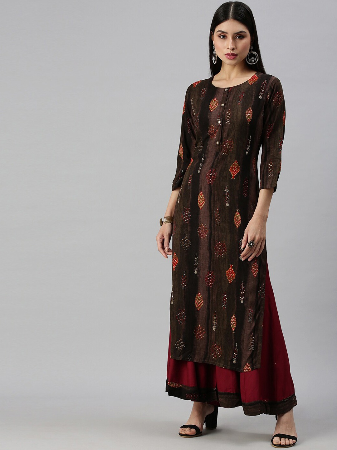 

SHOWOFF Women Multicoloured Ethnic Motifs Printed Sequinned Kurta with Skirt, Multi