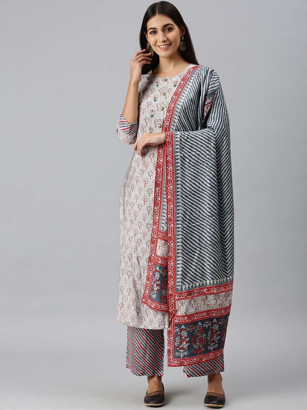 

SHOWOFF Women Grey Ethnic Motifs Printed Sequinned Silk Chiffon Kurta with Palazzos & With Dupatta