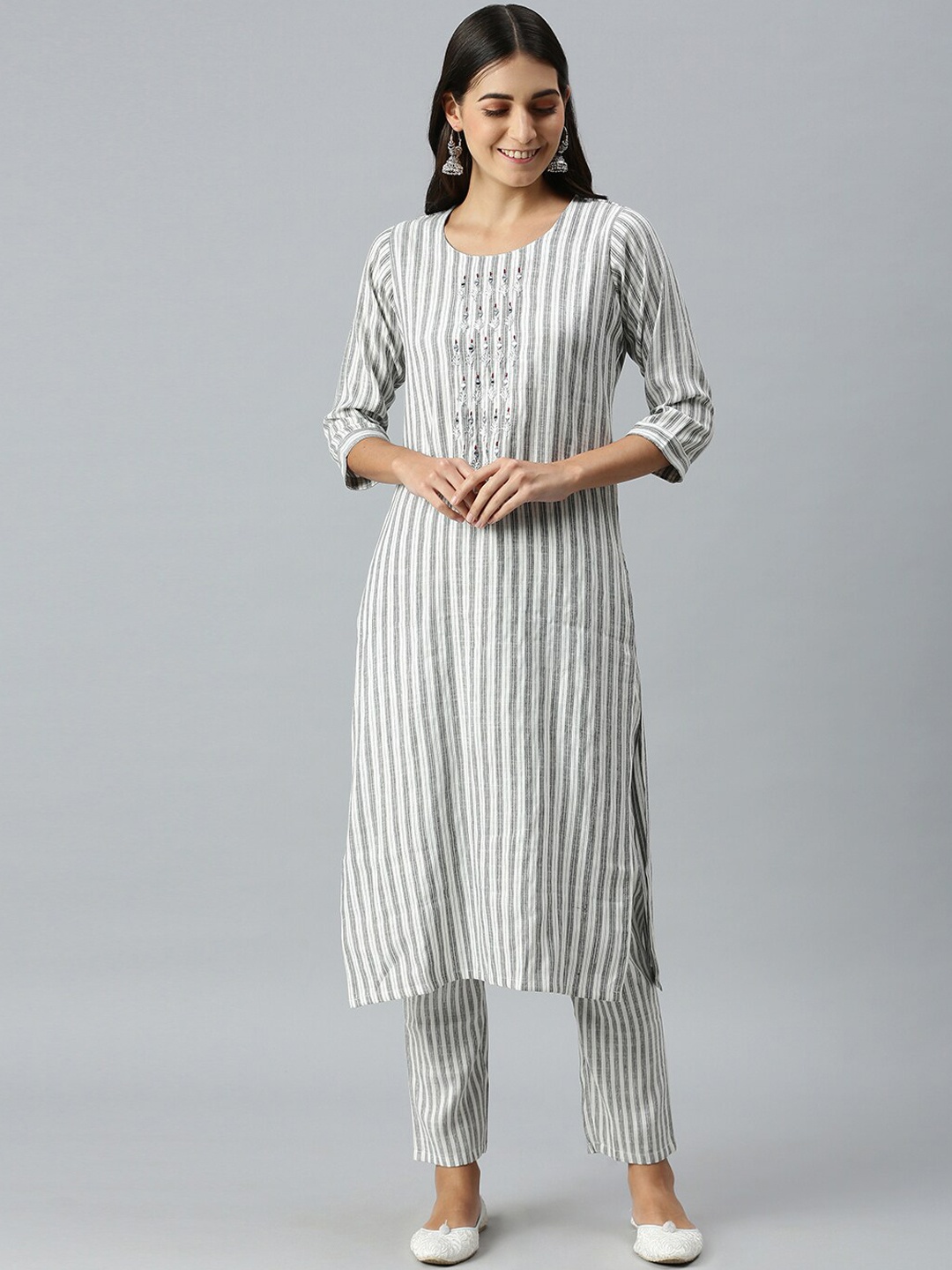 

SHOWOFF Women White Striped Mirror Work Kurta with Trousers