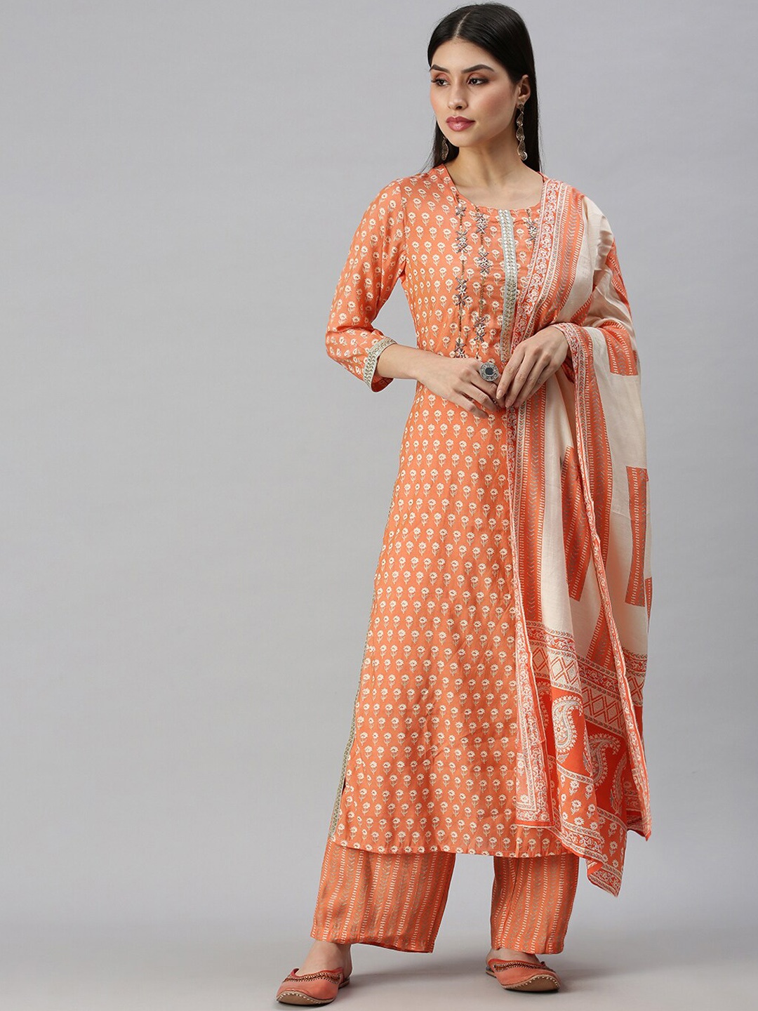 

SHOWOFF Women Orange Floral Printed Sequinned Kurta with Palazzos & With Dupatta