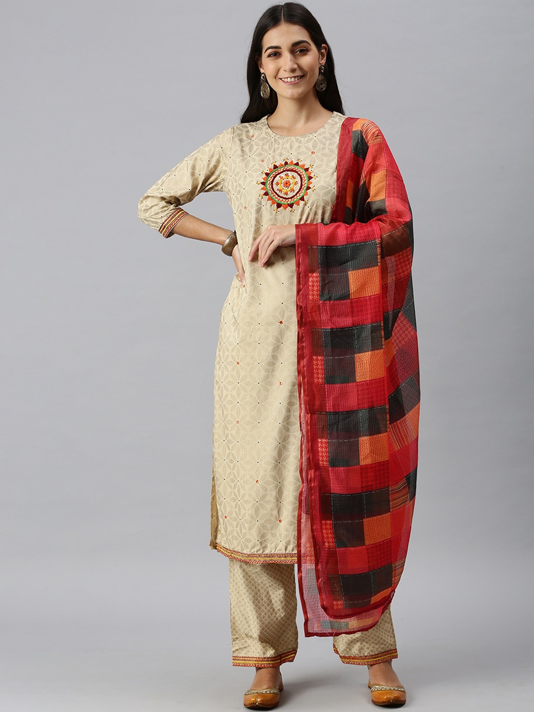 

SHOWOFF Women Cream-Coloured Ethnic Motifs Embroidered Kurta with Palazzos & With Dupatta