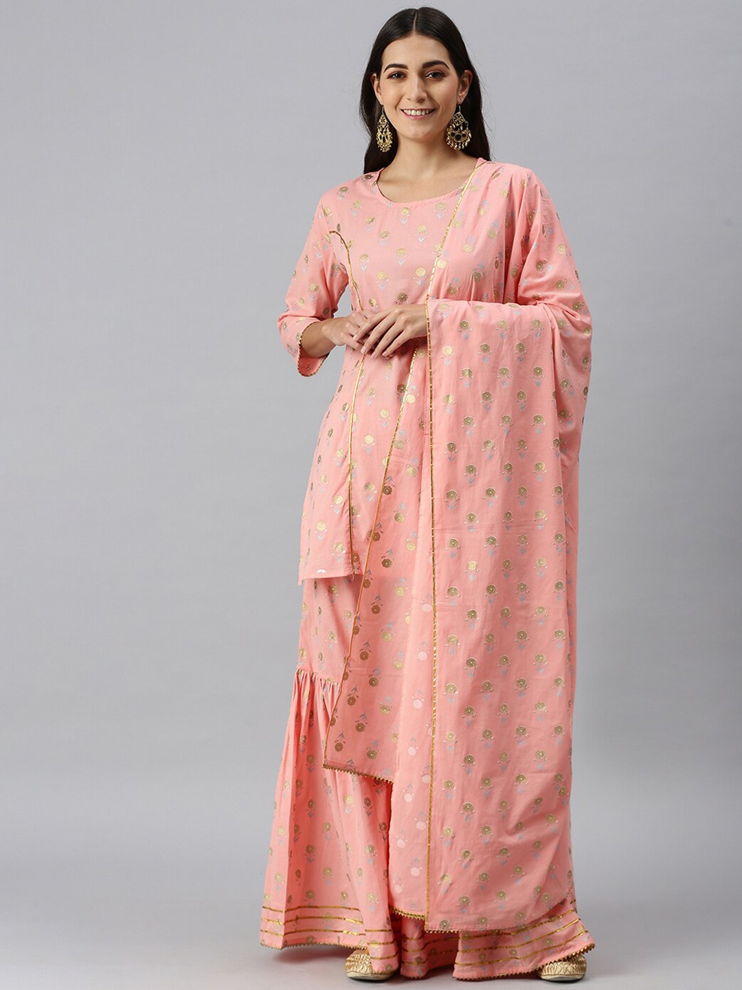 

SHOWOFF Women Pink Floral Printed Kurti with Sharara & With Dupatta