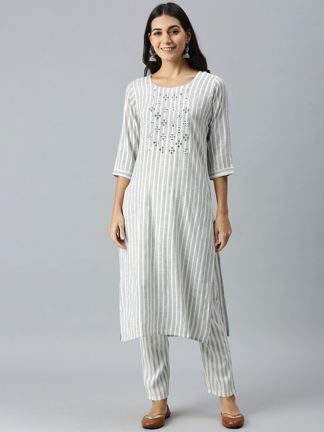 SHOWOFF Women White Striped Mirror Work Kurta with Trousers