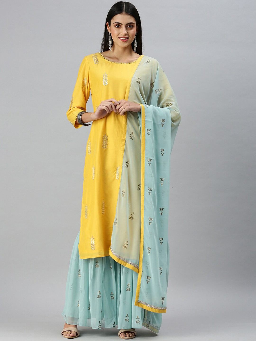 

SHOWOFF Women Yellow Floral Embroidered Silk Crepe Kurta with Sharara & With Dupatta