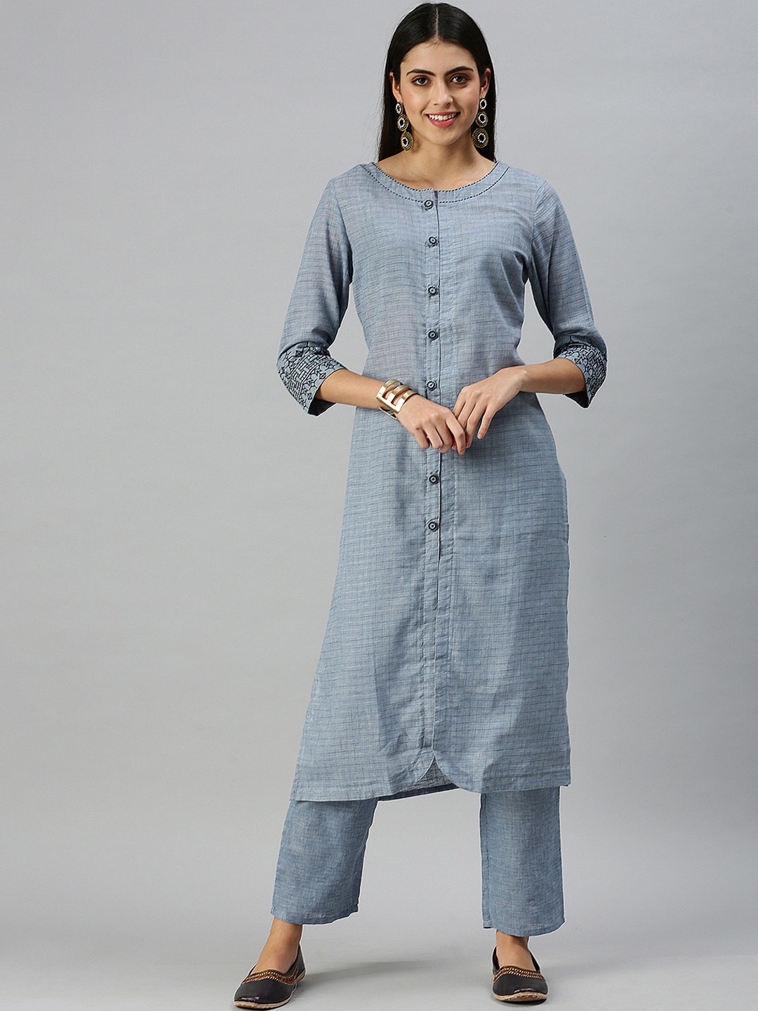 

SHOWOFF Women Blue Thread Work Linen Kurta with Trousers