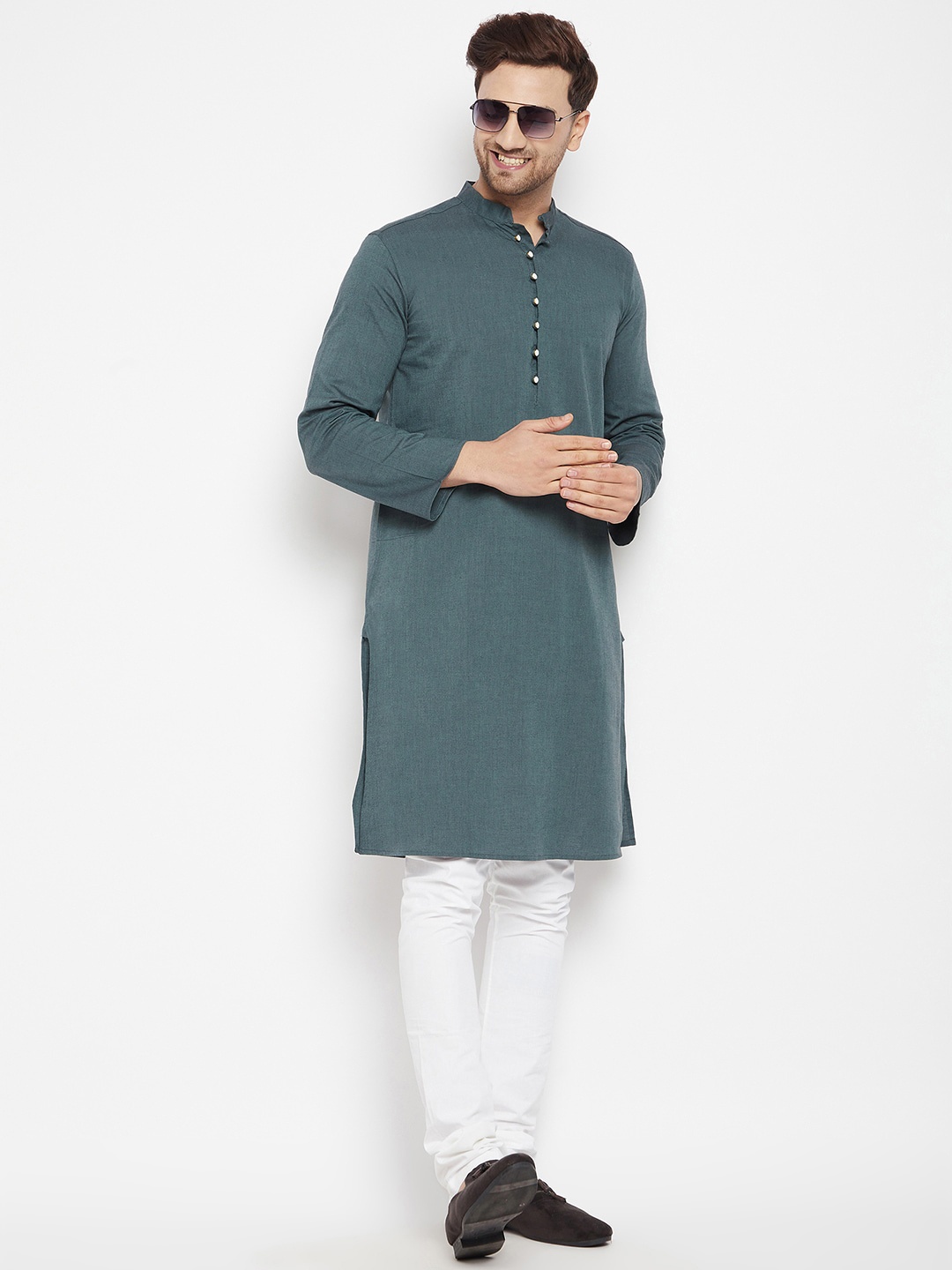 

even Men Green Solid Dobby Kurta