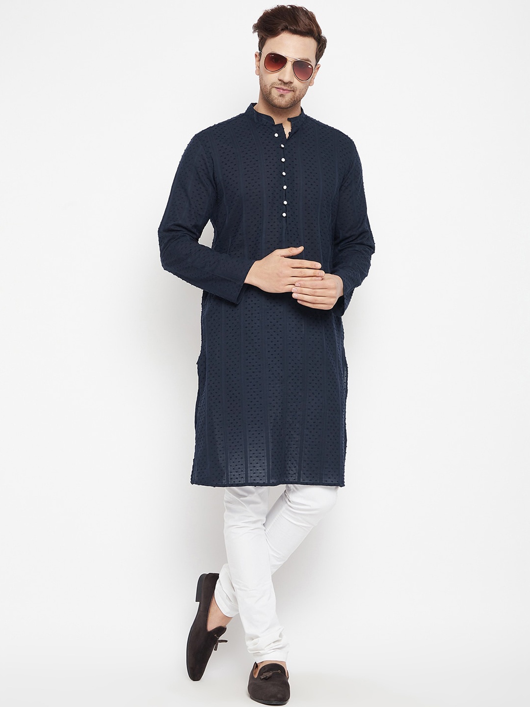 

even Men Blue Thread Work Dobby Kurta