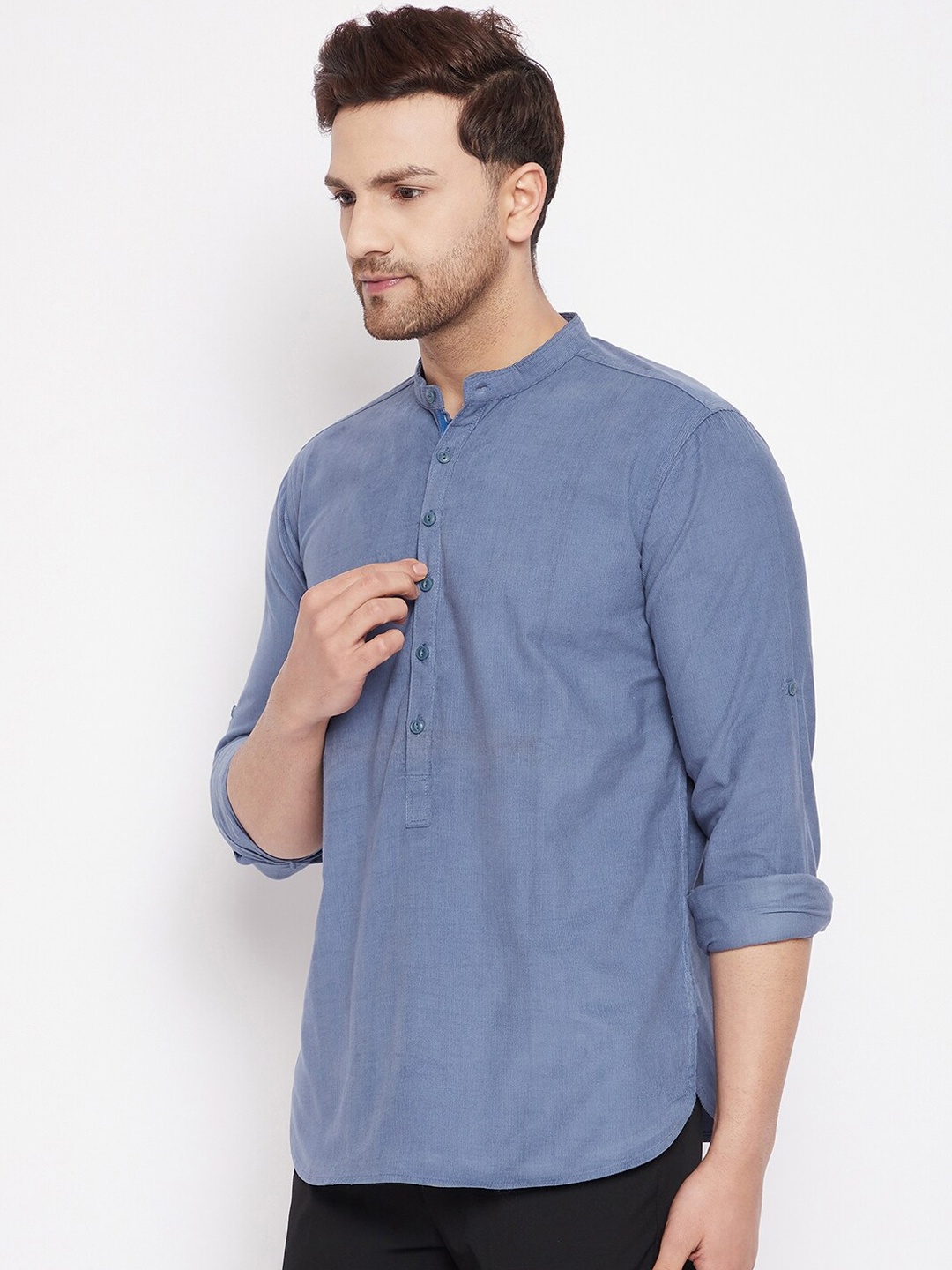 

even Men Grey Band Collar Short Kurta