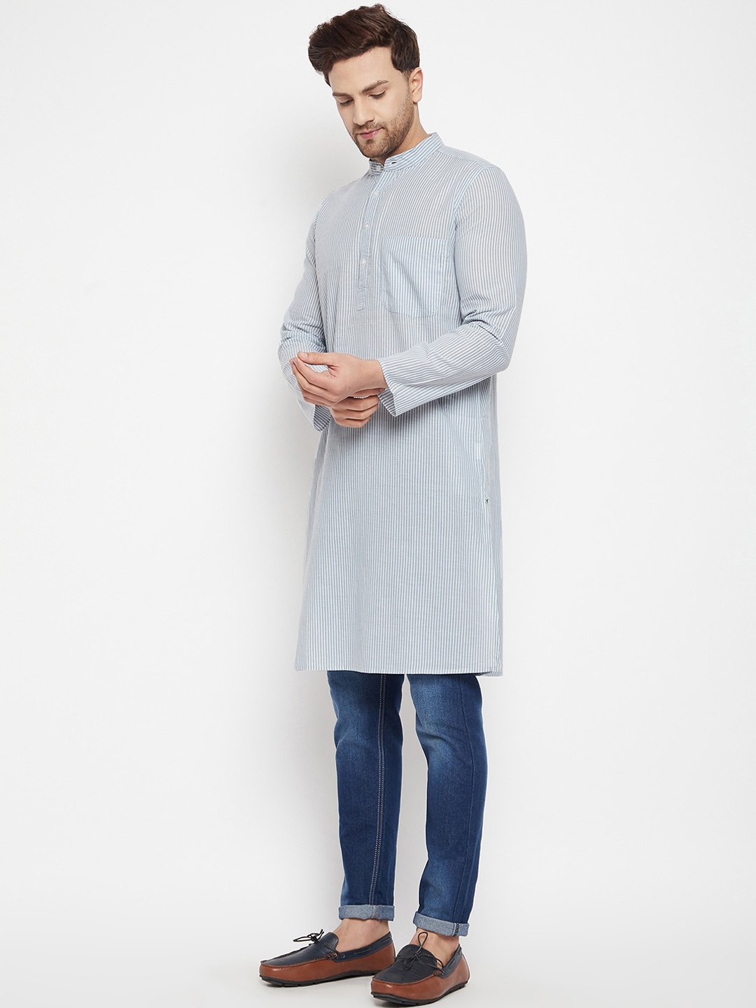 

even Men Grey Band Collar Kurta