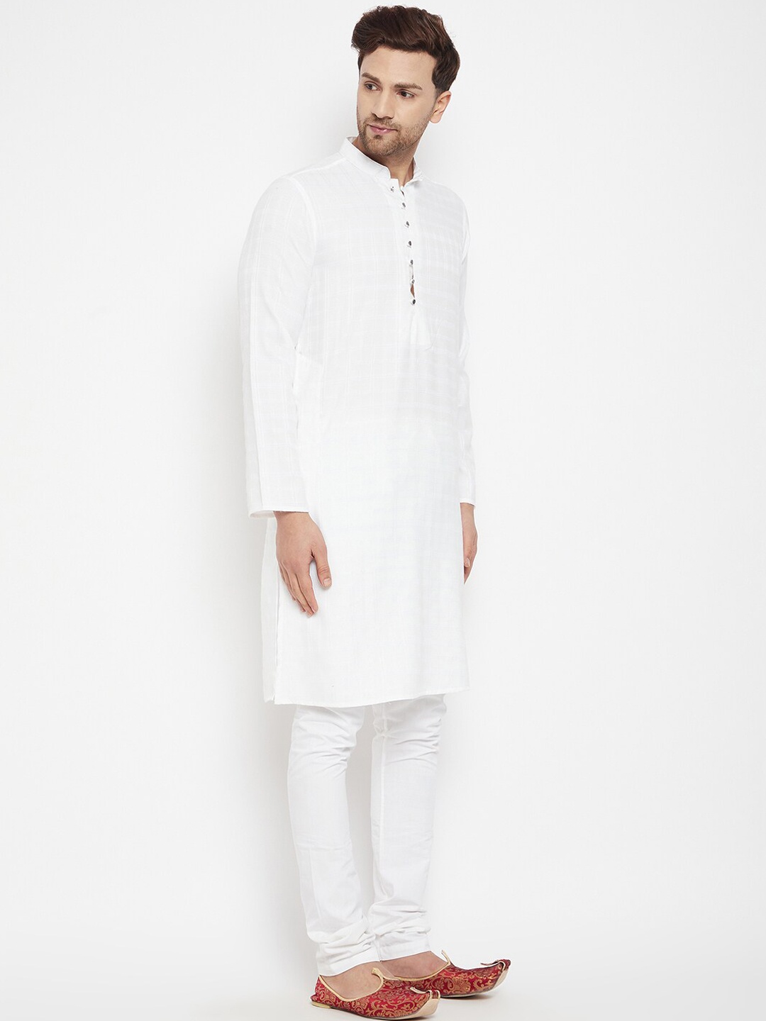 

even Men White Checked Mirror Work Dobby Kurta