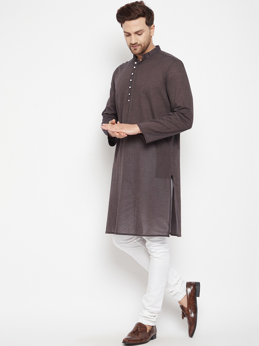 

even Men Brown Cotton Dobby Kurta