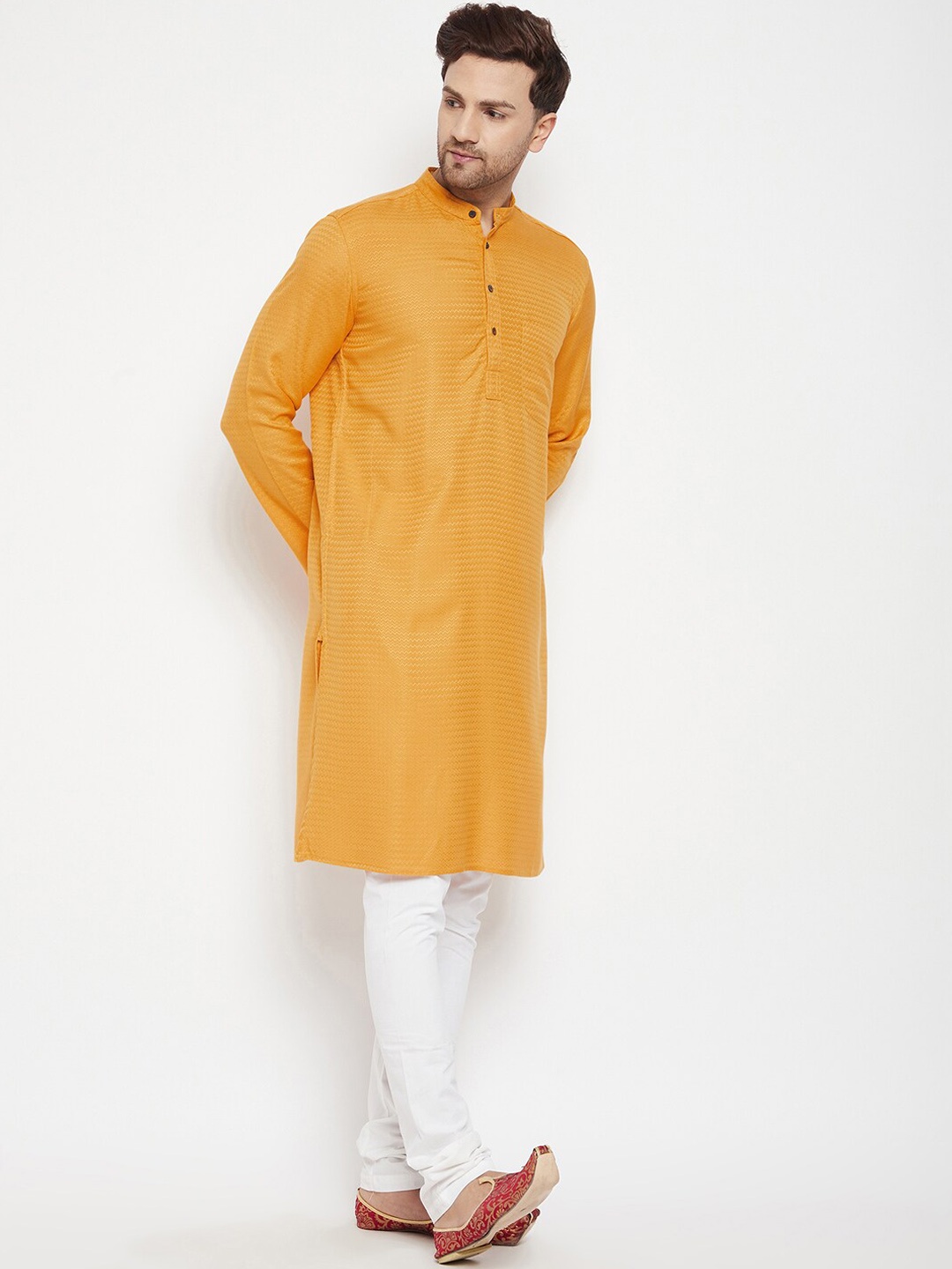 

even Men Yellow Solid Dobby Kurta