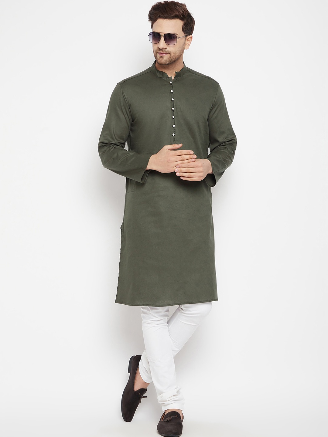 

even Men Green Solid Dobby Kurta