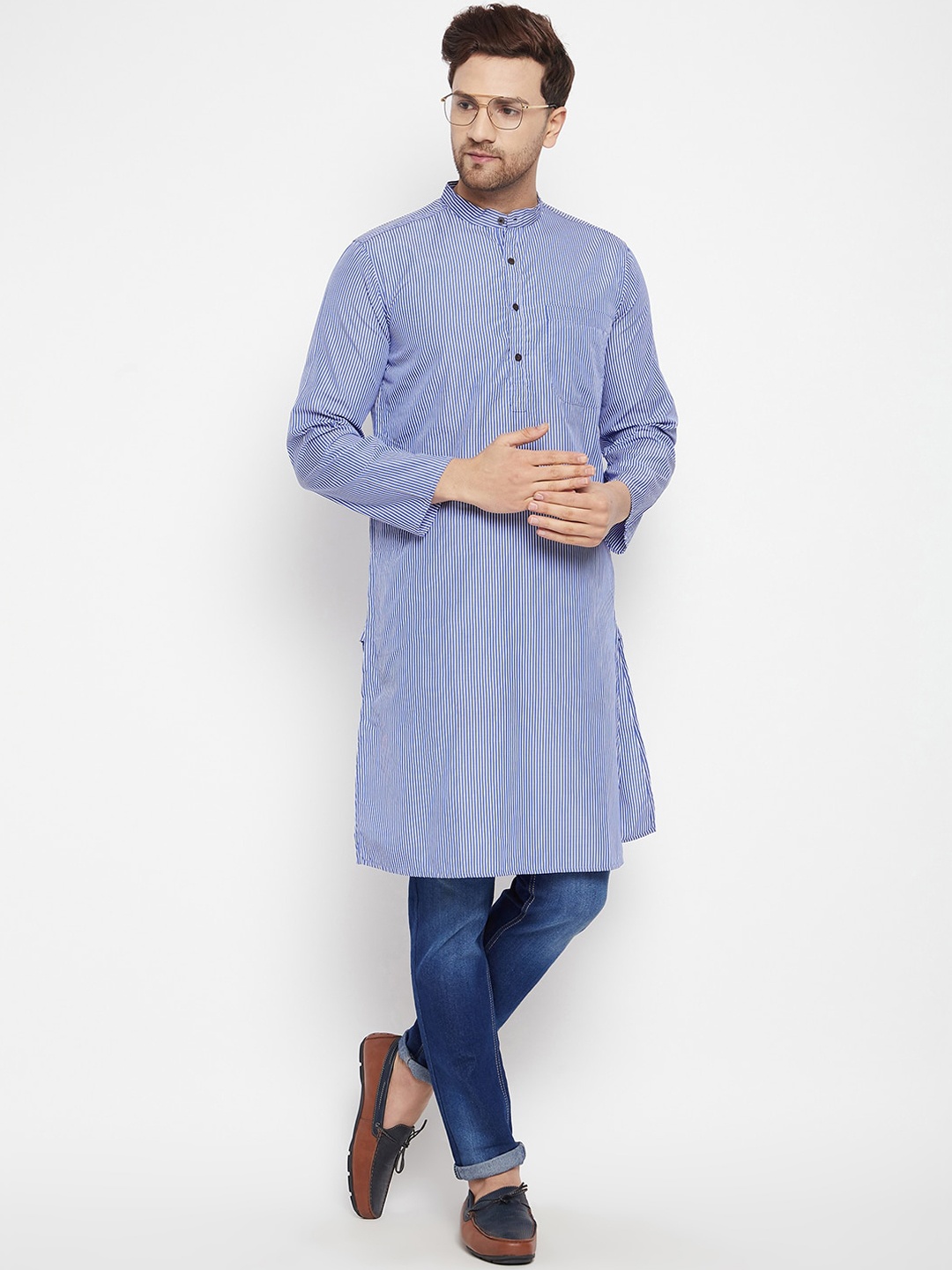 

even Men Blue & White Striped Kurta