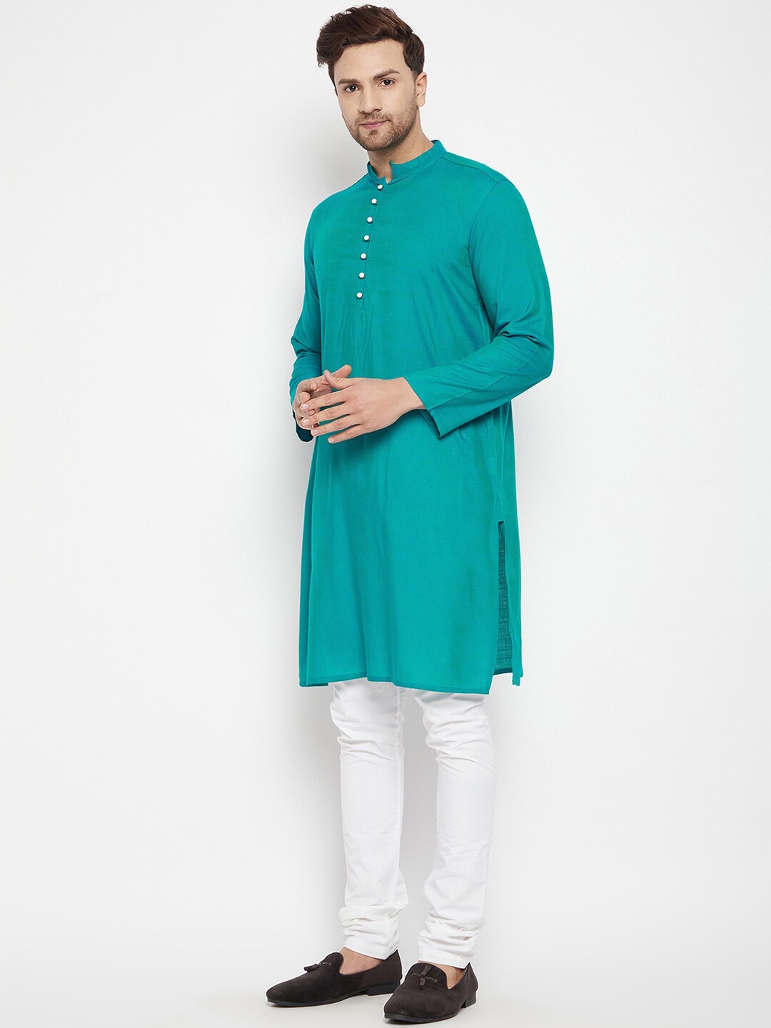 

even Men Green Band Collar Long Kurta