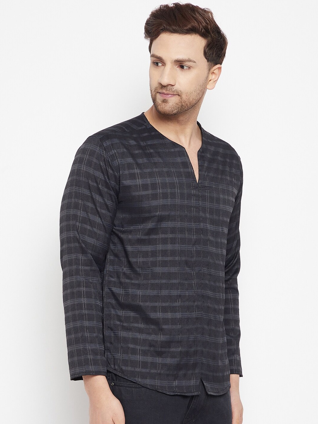 

even Men Black Checked Short Kurta