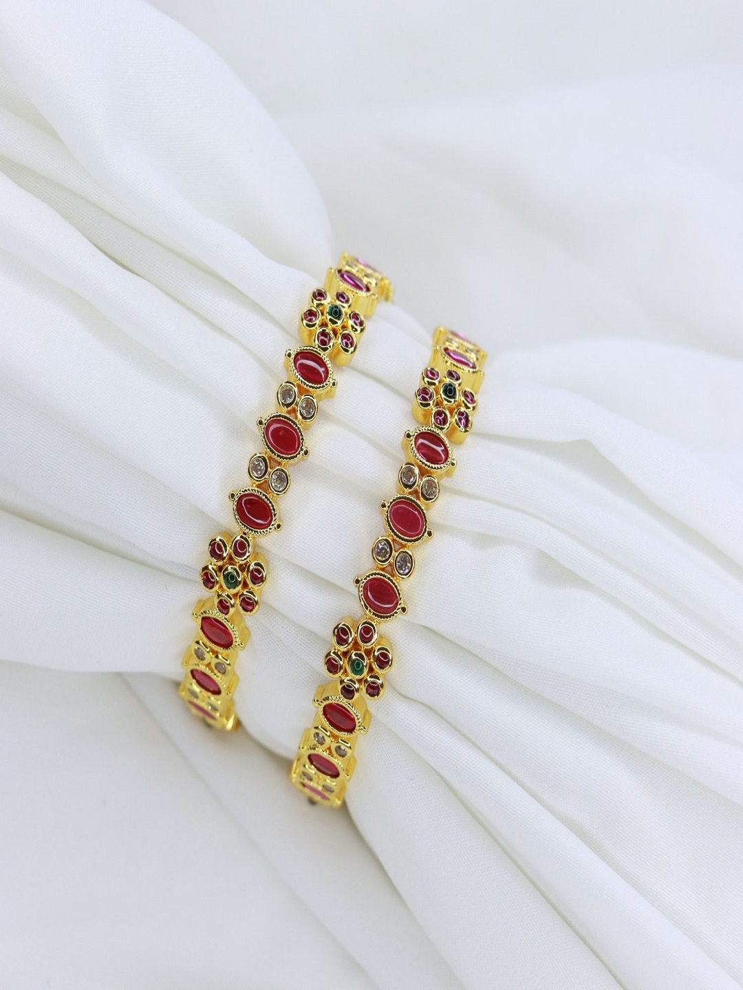

I Jewels Set of 2 Pink & Green Gold-Plated Stone Studded Bangles