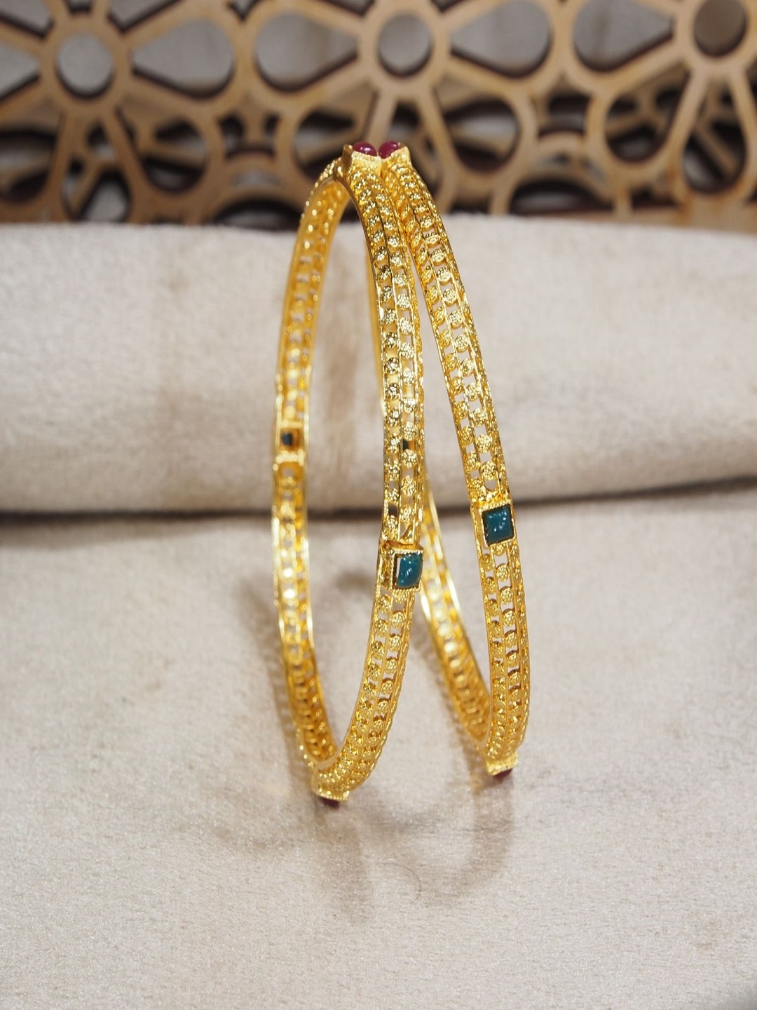 

I Jewels Set of 2 Gold Plated Pink & Green Stone Studded Bangles