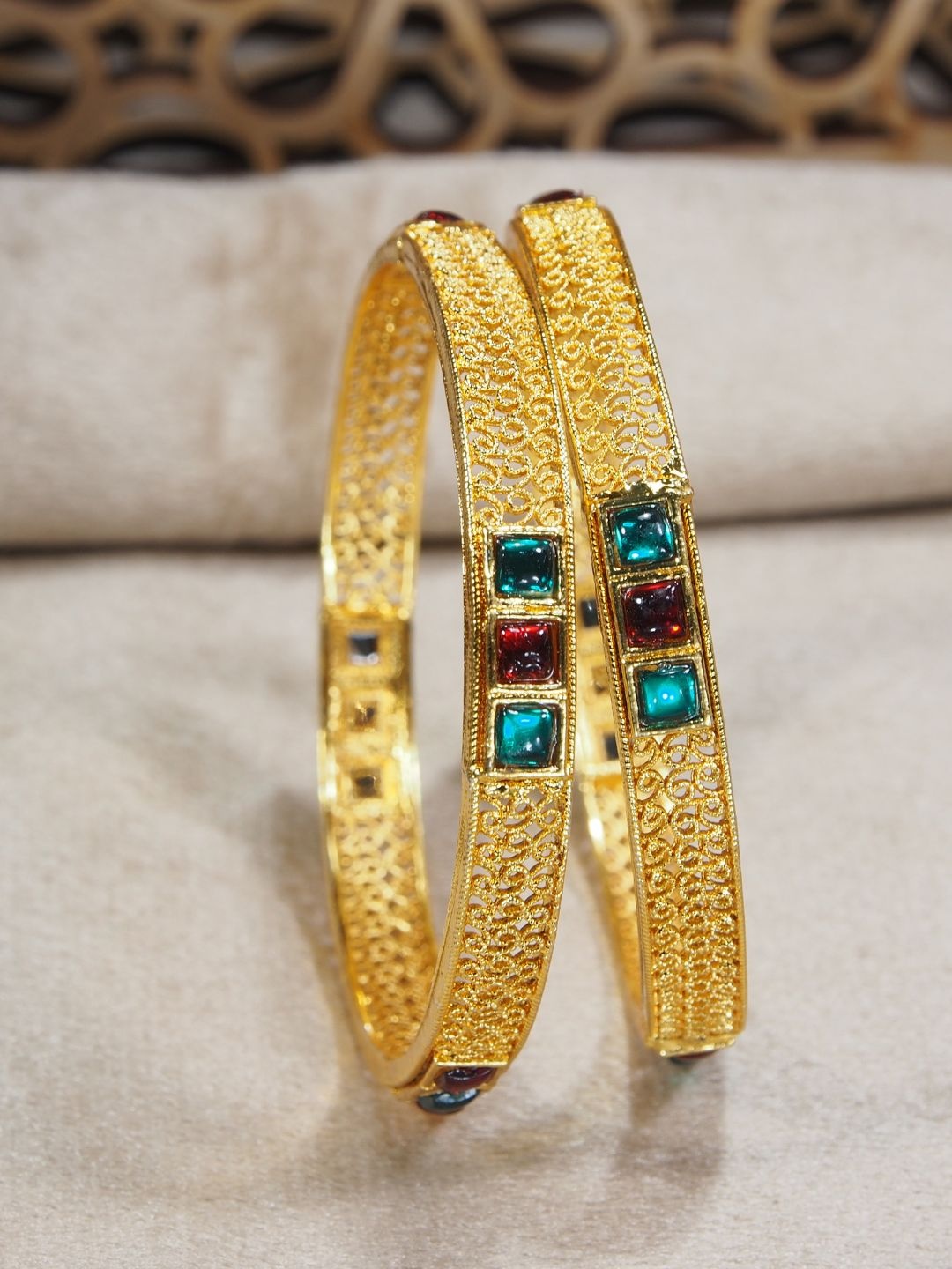 

I Jewels Set of 2 Red & Green Gold-Plated Stone Studded Bangles