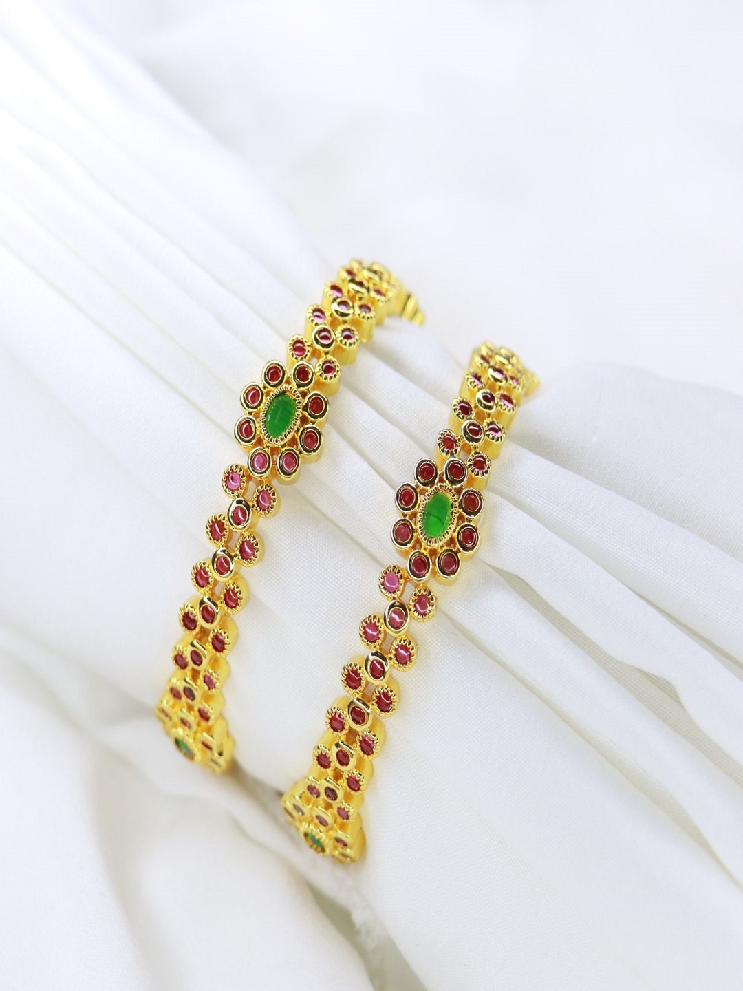 

I Jewels Set of 2 Pink & Green Gold-Plated Stone Studded Bangles