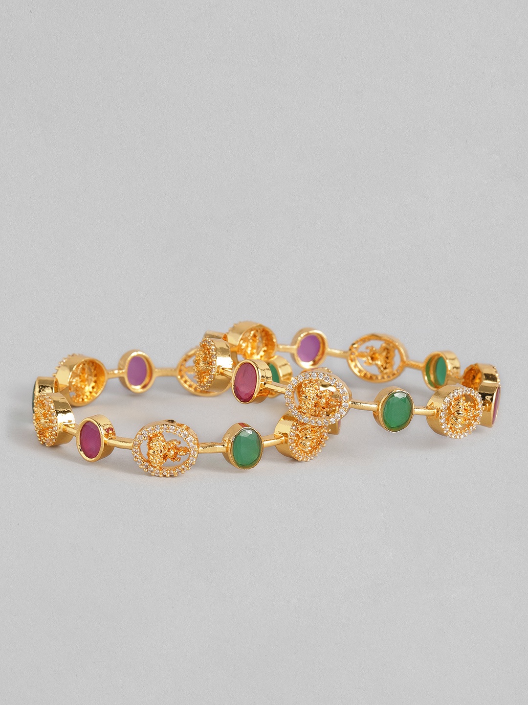 

I Jewels Women Set of 2 Green Gold Plated Stone Studded & Beaded Bangles