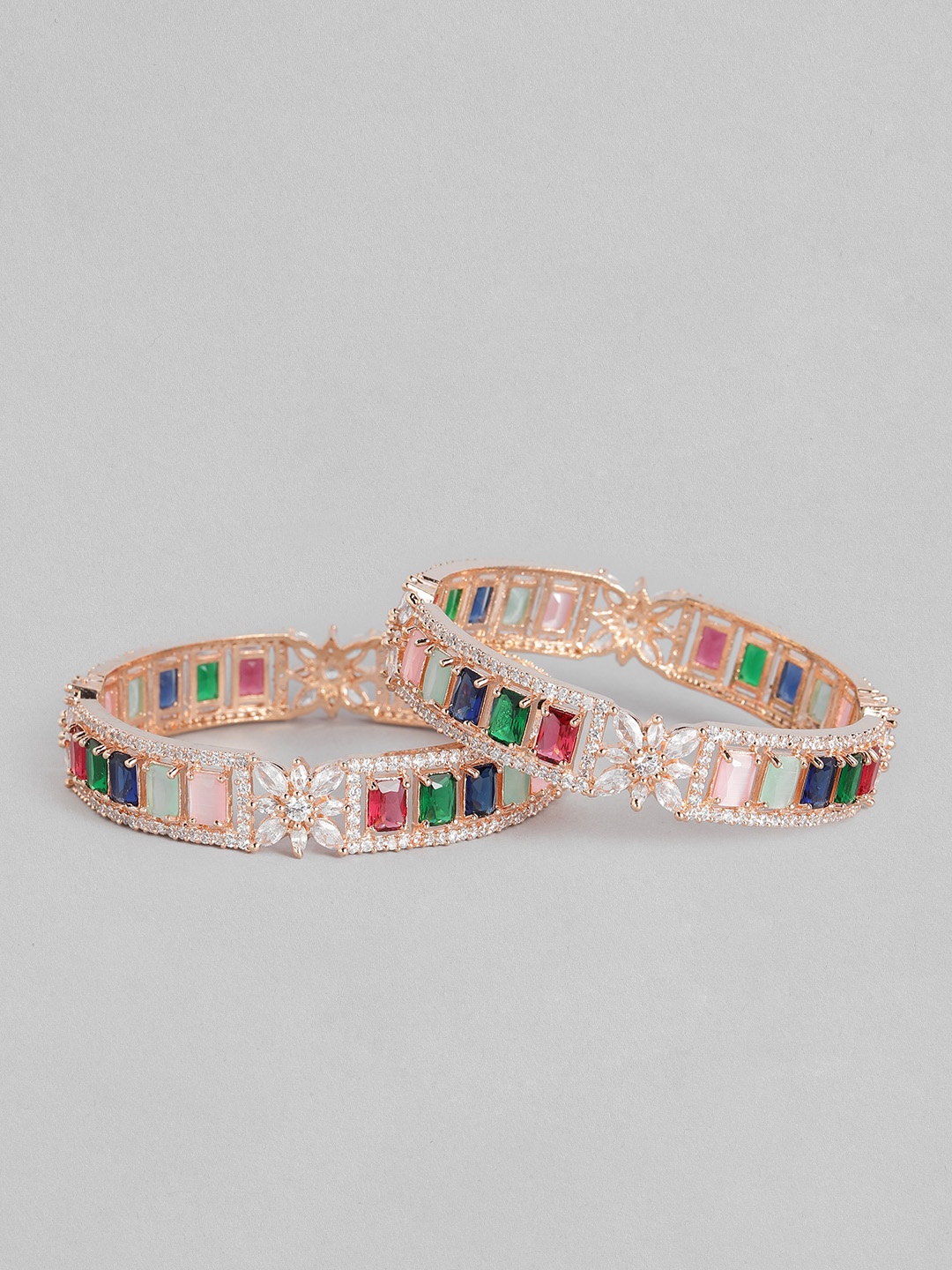 

I Jewels Set of 2 Pink & Green Rose Gold Plated American Diamond Studded Bangles