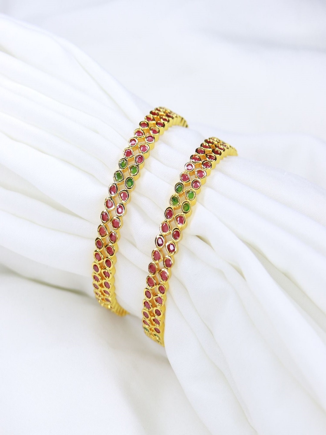 

I Jewels Set of 2 Pink & Green Gold-Plated Stone Studded Bangles