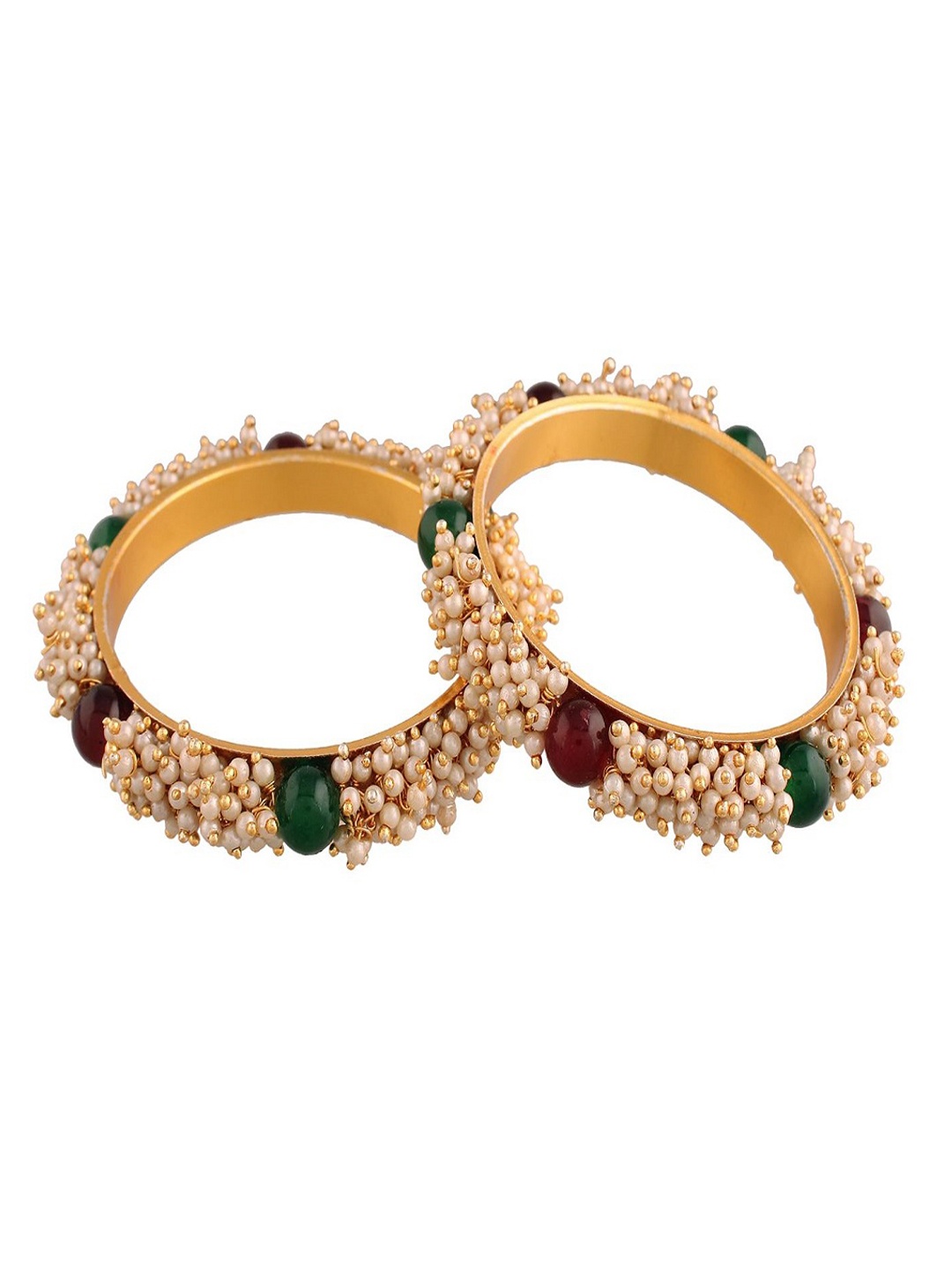 

I Jewels Set of 2 Maroon & Green Gold Plated Pearl Studded & Beaded Bangles