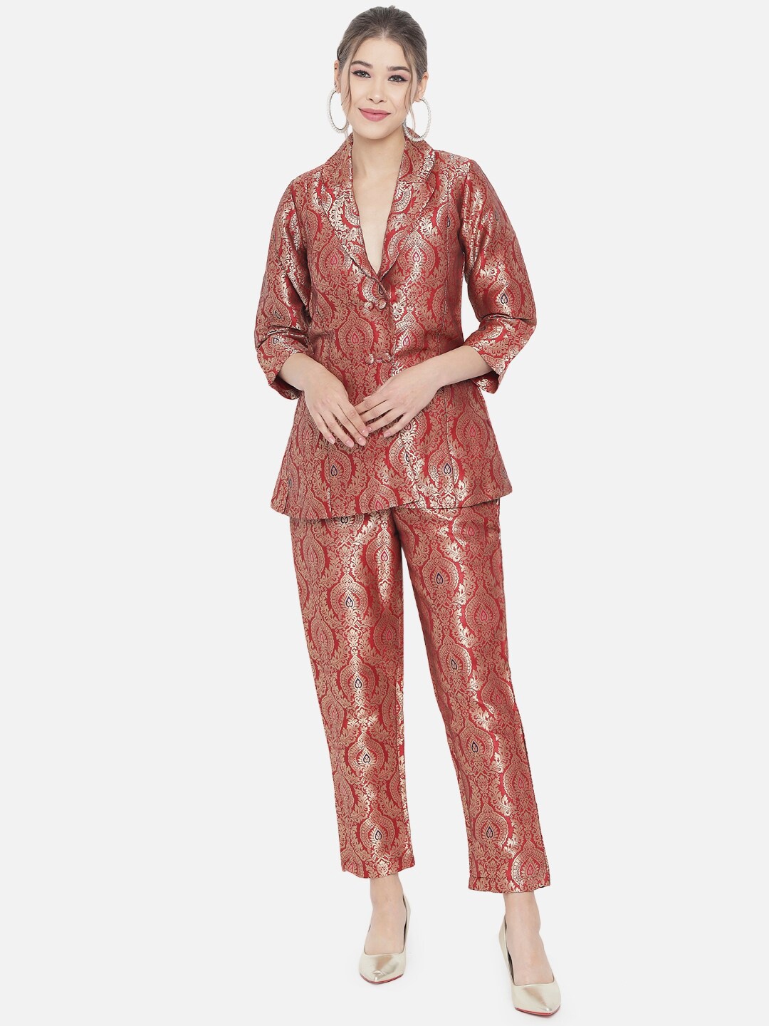 

RAISIN Women Maroon & Gold-Toned Jacquard Banarasi Brocade Blazer with Trousers