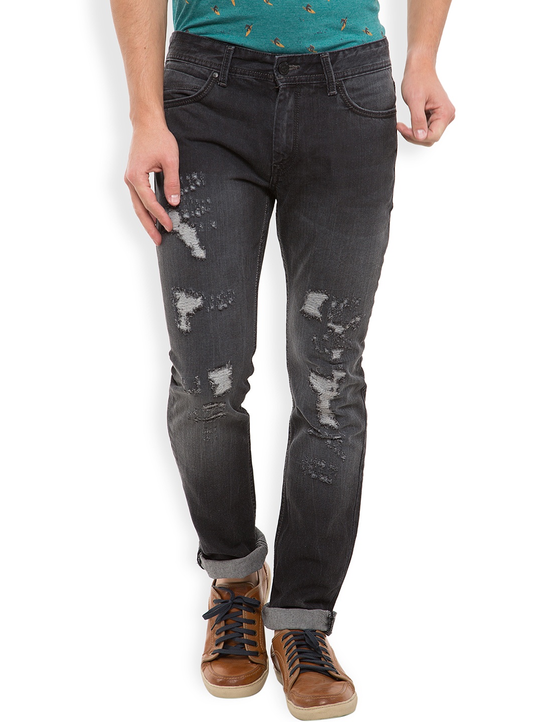 

LOCOMOTIVE Men Black Straight Fit Mid-Rise Mildly Distressed Jeans