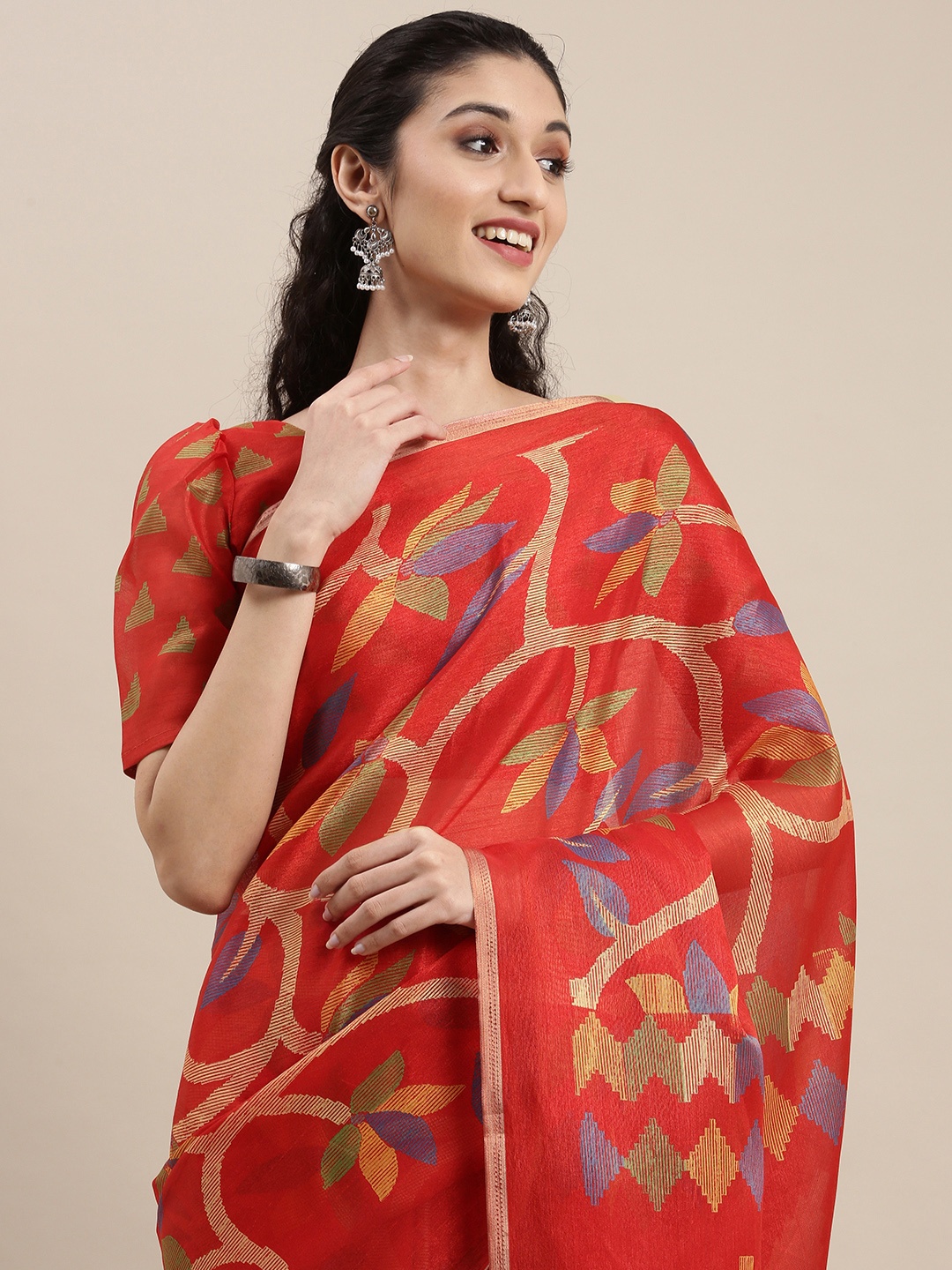 

Mitera Red Poly Silk Floral Printed Saree