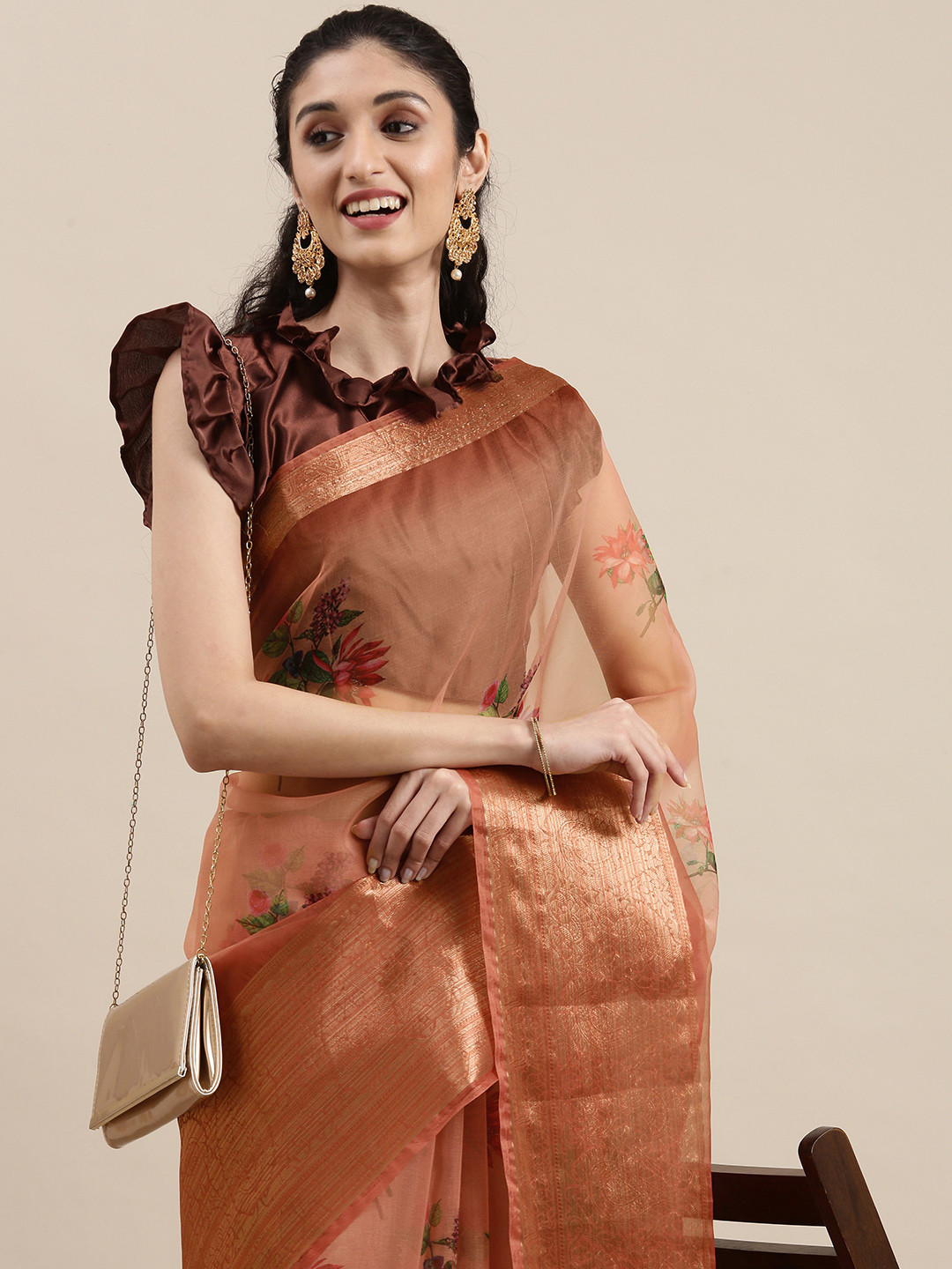 

Mitera Rust Brown Organza Floral Printed Jacquard Patta Saree