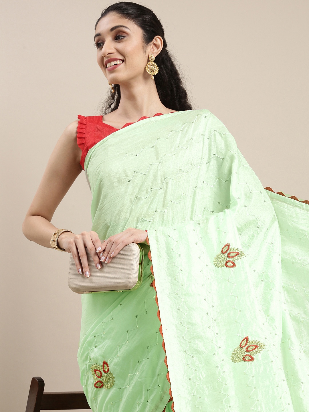 

Mitera Green Ethnic Motifs Embroidered Poly Silk Lace Sequence Saree