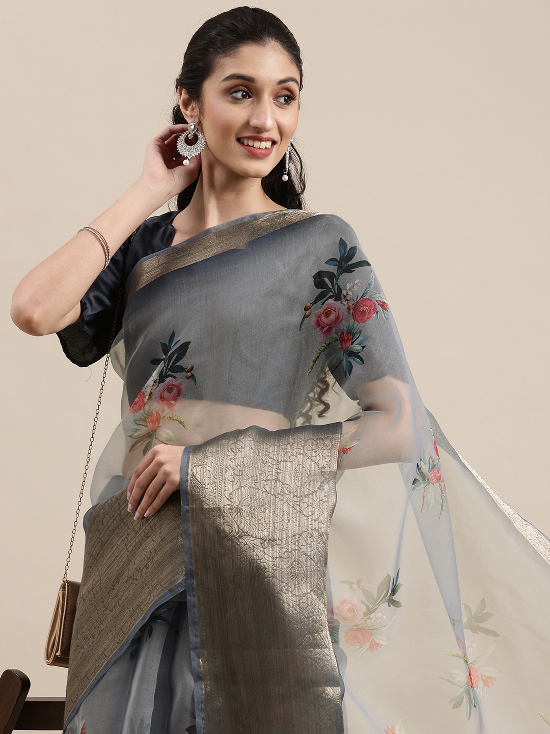 

Mitera Grey Organza Floral Printed Jacquard Patta Saree
