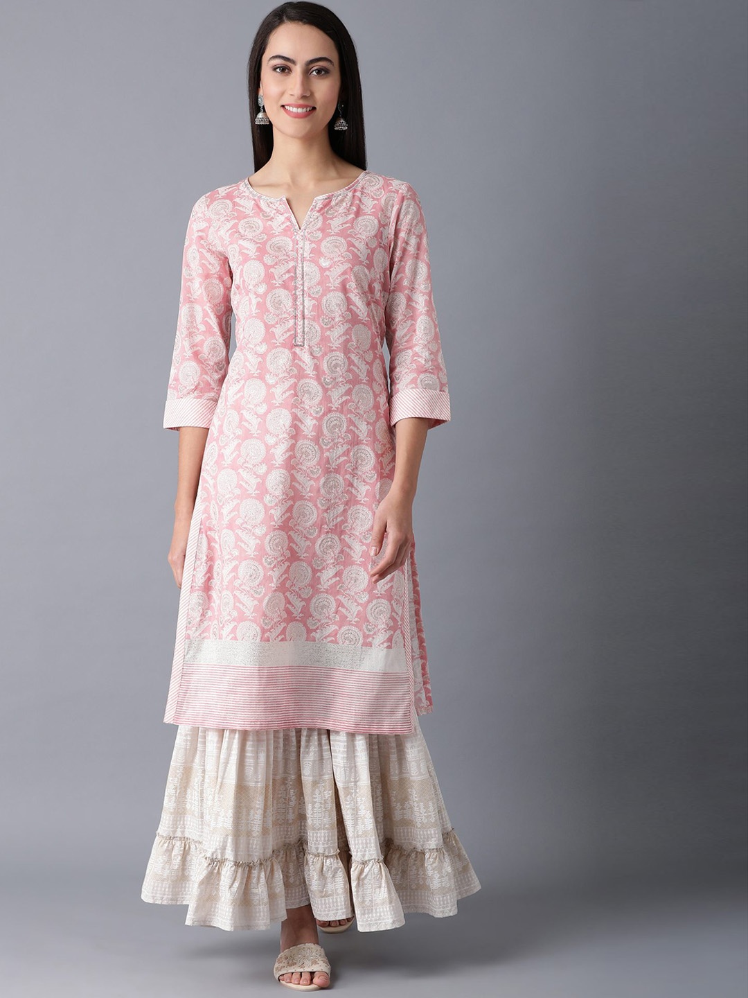 

W Women Pink & White Ethnic Motifs Sequins Printed Cotton Kurta