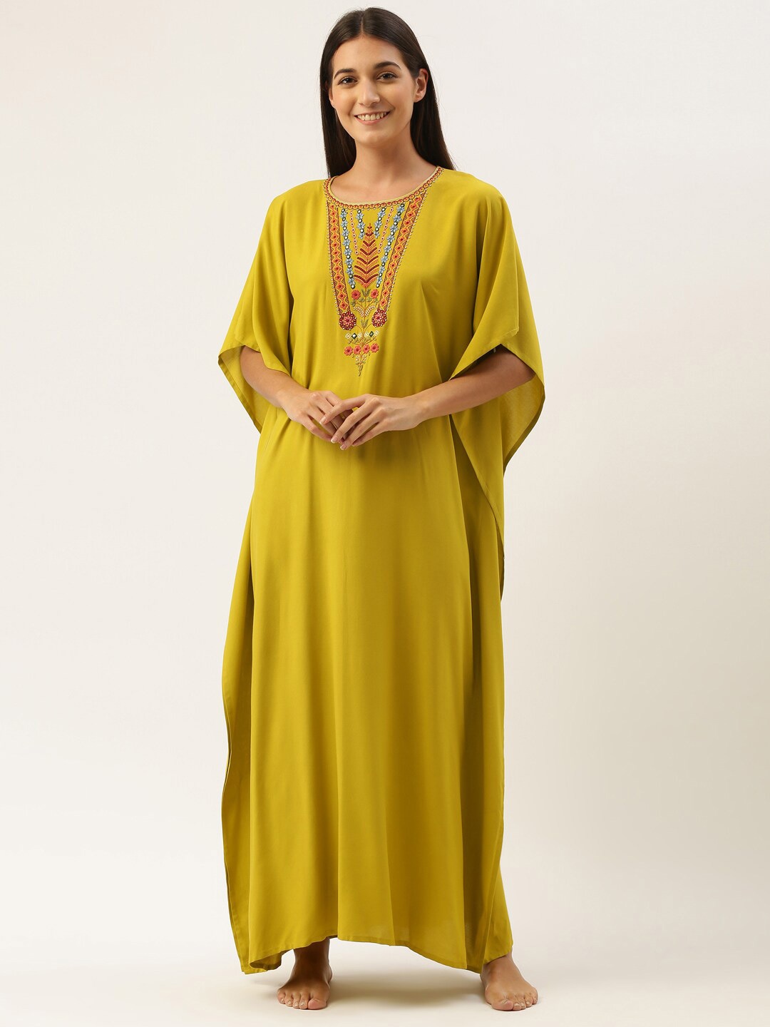 

Bannos Swagger Olive Green Embroidered Kaftan Nightdress