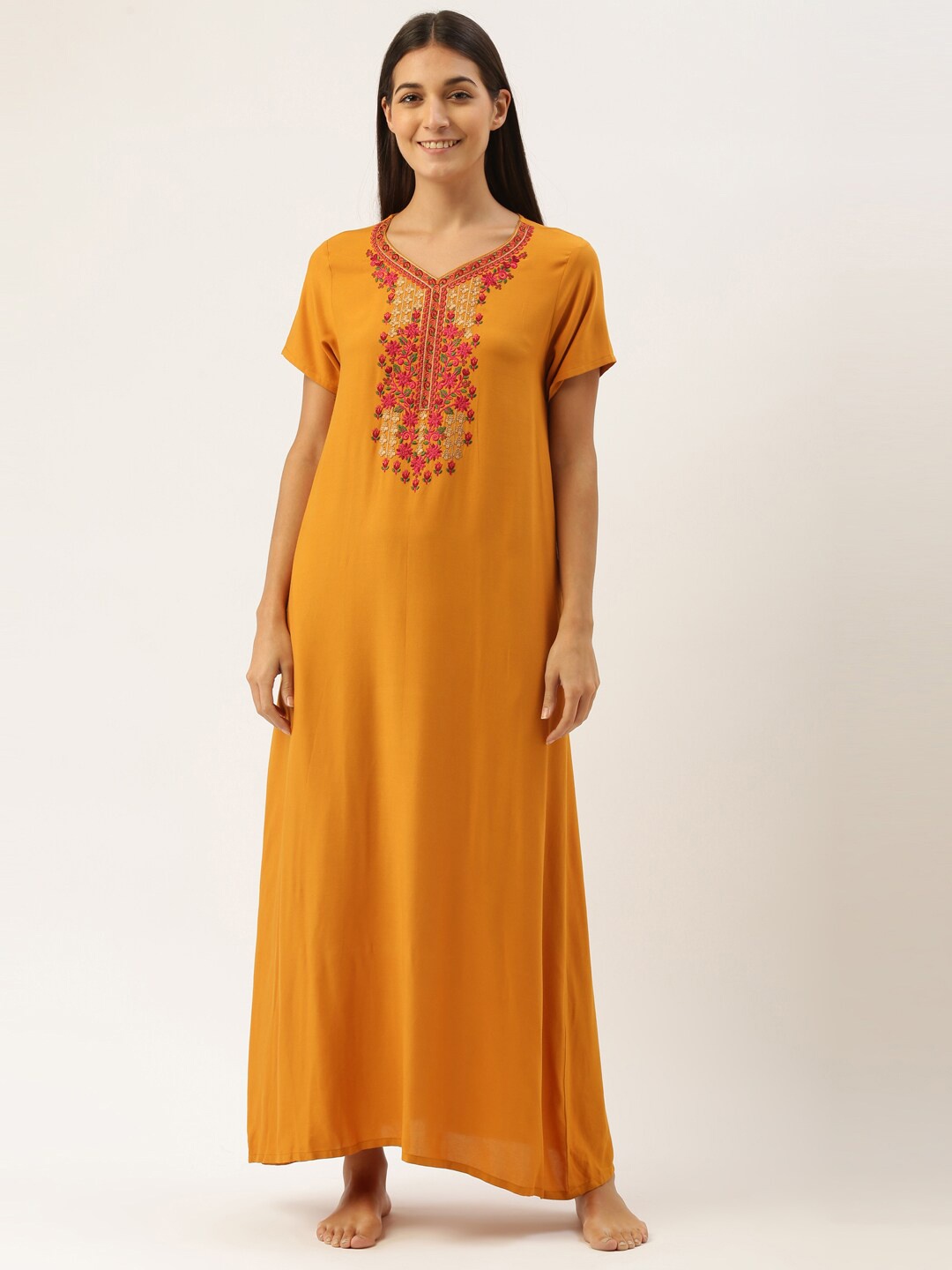 

Bannos Swagger Women Yellow Embroidered Maxi Nightdress